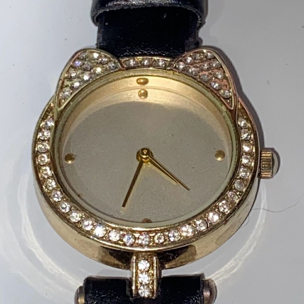 Jessica Carlyle Women's Gold Tone Black Band Cat Rhinestone Bezel Quartz Watch